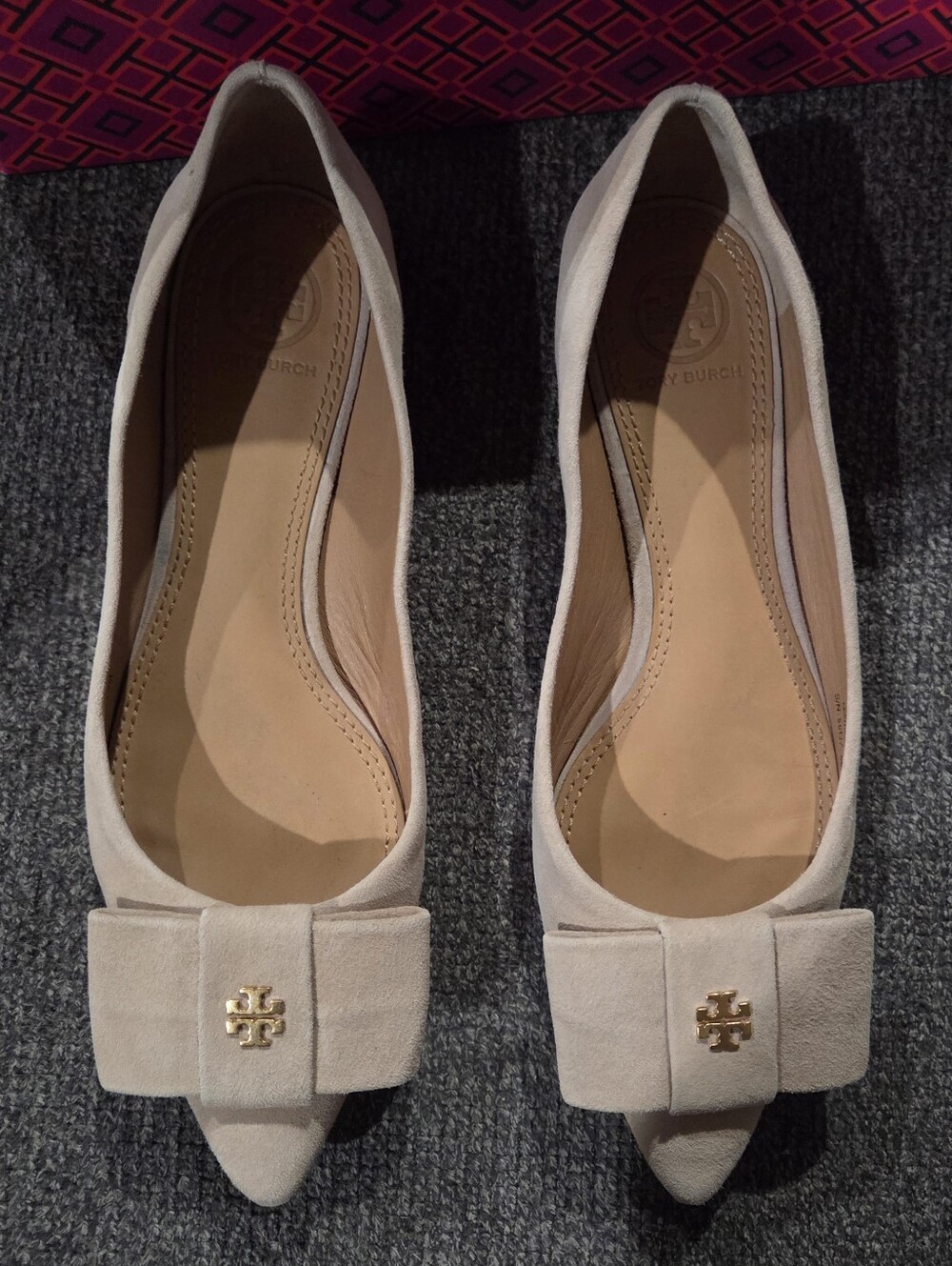 Tory Burch Blush Suede Pointed-Toe Bow Flats with Gold Logo
